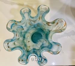 Vintage Murano Ruffle Top Light Blue & Gold Glass Vase 16 H X11W X 11.5D HTF