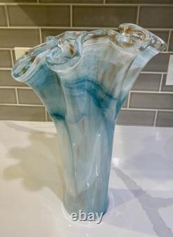 Vintage Murano Ruffle Top Light Blue & Gold Glass Vase 16 H X11W X 11.5D HTF