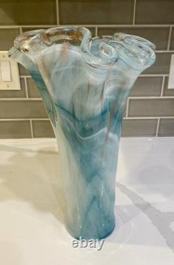 Vintage Murano Ruffle Top Light Blue & Gold Glass Vase 16 H X11W X 11.5D HTF