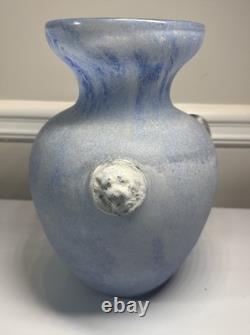 Vintage Murano Scavo Italian Glass stylized Blue Vase with Lion Heads10.5 X 6.5