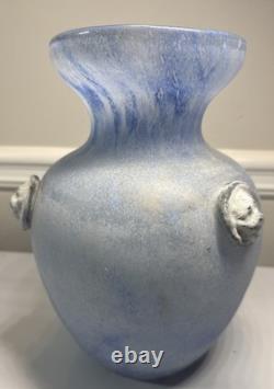 Vintage Murano Scavo Italian Glass stylized Blue Vase with Lion Heads10.5 X 6.5