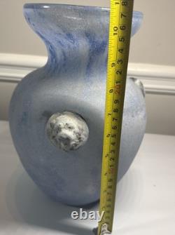 Vintage Murano Scavo Italian Glass stylized Blue Vase with Lion Heads10.5 X 6.5