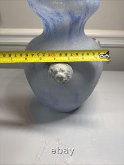Vintage Murano Scavo Italian Glass stylized Blue Vase with Lion Heads10.5 X 6.5