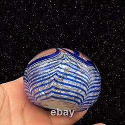 Vintage Murano Silver Flakes Aventurine Cobalt Blue Lines Signed 1983 2t 2.25w