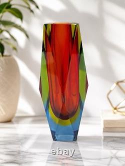 Vintage Murano Sommerso Faceted Prism Art Glass Vase Label Italy MCM 8 3lbs