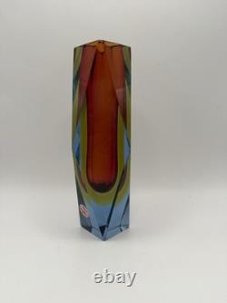 Vintage Murano Sommerso Faceted Prism Art Glass Vase Label Italy MCM 8 3lbs