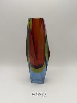 Vintage Murano Sommerso Faceted Prism Art Glass Vase Label Italy MCM 8 3lbs