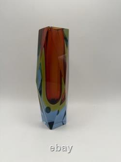 Vintage Murano Sommerso Faceted Prism Art Glass Vase Label Italy MCM 8 3lbs