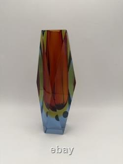 Vintage Murano Sommerso Faceted Prism Art Glass Vase Label Italy MCM 8 3lbs