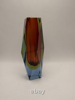 Vintage Murano Sommerso Faceted Prism Art Glass Vase Label Italy MCM 8 3lbs