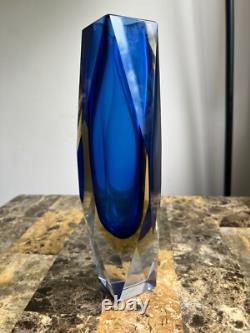 Vintage Murano Sommerso Glass Vase with Geometric Cut edges in Blue and yellow