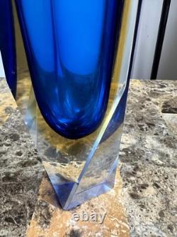 Vintage Murano Sommerso Glass Vase with Geometric Cut edges in Blue and yellow