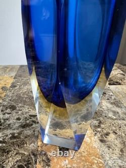 Vintage Murano Sommerso Glass Vase with Geometric Cut edges in Blue and yellow