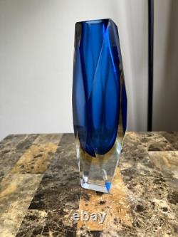 Vintage Murano Sommerso Glass Vase with Geometric Cut edges in Blue and yellow