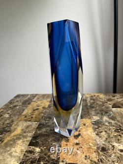 Vintage Murano Sommerso Glass Vase with Geometric Cut edges in Blue and yellow