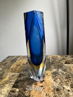 Vintage Murano Sommerso Glass Vase with Geometric Cut edges in Blue and yellow