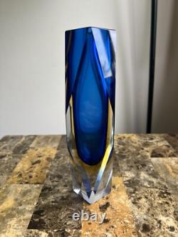 Vintage Murano Sommerso Glass Vase with Geometric Cut edges in Blue and yellow