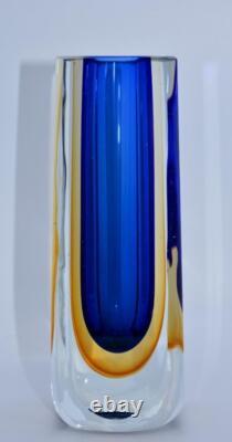 Vintage Murano Sommerso MCM Incised Art Glass Vase Blue/Amber