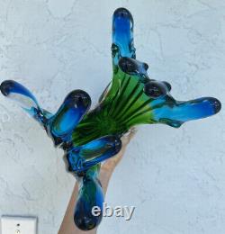 Vintage Murano Sommerso Style Blue Green Hand Blown Glass Finger Stretch Vase