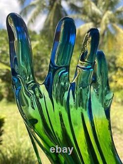 Vintage Murano Sommerso Style Blue Green Hand Blown Glass Finger Stretch Vase