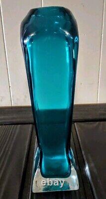 Vintage Murano Sommerso Turquoise Blue Colored MCM Incised Art Glass Vase