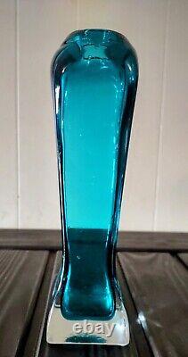 Vintage Murano Sommerso Turquoise Blue Colored MCM Incised Art Glass Vase