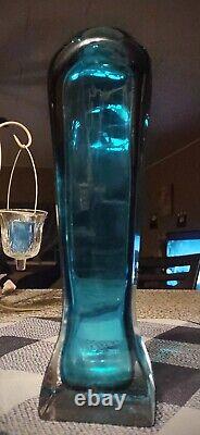 Vintage Murano Sommerso Turquoise Blue Colored MCM Incised Art Glass Vase