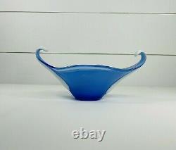 Vintage Murano Style Art Glass Vase Blue White Bowl Handles