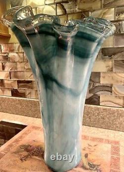 Vintage Murano Style Art Glass Vase Ruffled Top X Large Blue White Swirl 16