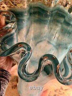 Vintage Murano Style Art Glass Vase Ruffled Top X Large Blue White Swirl 16