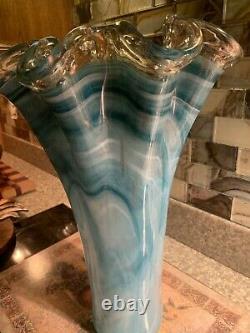 Vintage Murano Style Art Glass Vase Ruffled Top X Large Blue White Swirl 16