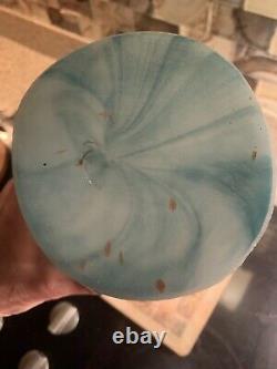 Vintage Murano Style Art Glass Vase Ruffled Top X Large Blue White Swirl 16