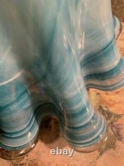 Vintage Murano Style Art Glass Vase Ruffled Top X Large Blue White Swirl 16