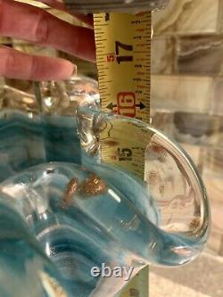 Vintage Murano Style Art Glass Vase Ruffled Top X Large Blue White Swirl 16