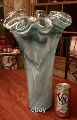 Vintage Murano Style Art Glass Vase Ruffled Top X Large Blue White Swirl 16