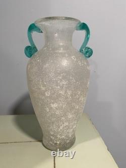 Vintage Murano Style Hand Blown Glass Vase Featuring The Scavo Technique With Teal