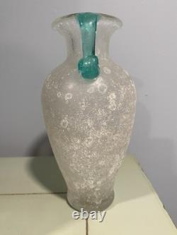 Vintage Murano Style Hand Blown Glass Vase Featuring The Scavo Technique With Teal
