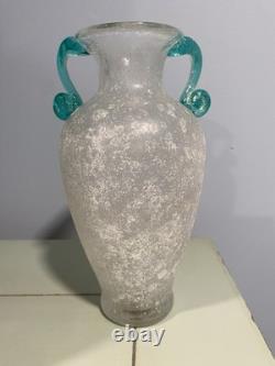 Vintage Murano Style Hand Blown Glass Vase Featuring The Scavo Technique With Teal