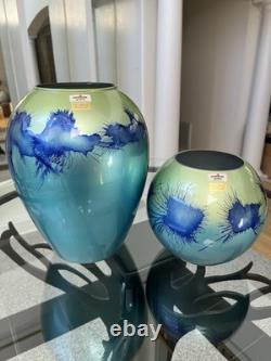 Vintage Murano Style Handmade Mouth Blown Blue / Green Vase Set Made In Germany