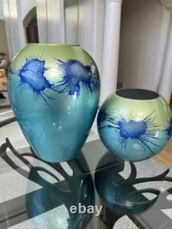 Vintage Murano Style Handmade Mouth Blown Blue / Green Vase Set Made In Germany