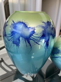 Vintage Murano Style Handmade Mouth Blown Blue / Green Vase Set Made In Germany