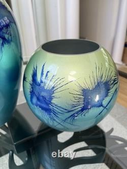 Vintage Murano Style Handmade Mouth Blown Blue / Green Vase Set Made In Germany