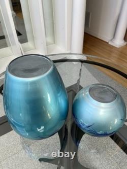 Vintage Murano Style Handmade Mouth Blown Blue / Green Vase Set Made In Germany
