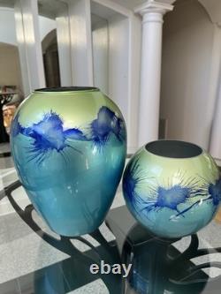 Vintage Murano Style Handmade Mouth Blown Blue / Green Vase Set Made In Germany