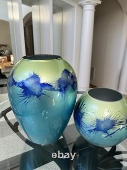 Vintage Murano Style Handmade Mouth Blown Blue / Green Vase Set Made In Germany