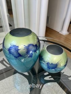 Vintage Murano Style Handmade Mouth Blown Blue / Green Vase Set Made In Germany