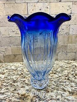 Vintage Murano Style Large Cobalt Blue Clear Glass Vase Ruffled Edge 14 Swirl