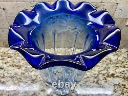 Vintage Murano Style Large Cobalt Blue Clear Glass Vase Ruffled Edge 14 Swirl