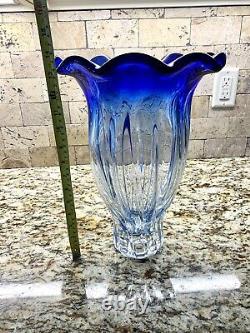 Vintage Murano Style Large Cobalt Blue Clear Glass Vase Ruffled Edge 14 Swirl