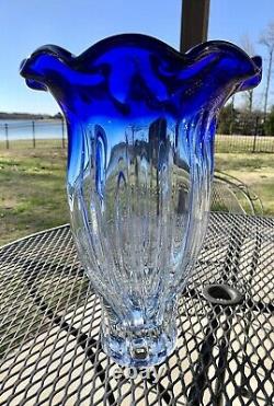 Vintage Murano Style Large Cobalt Blue Clear Glass Vase Ruffled Edge 14 Swirl